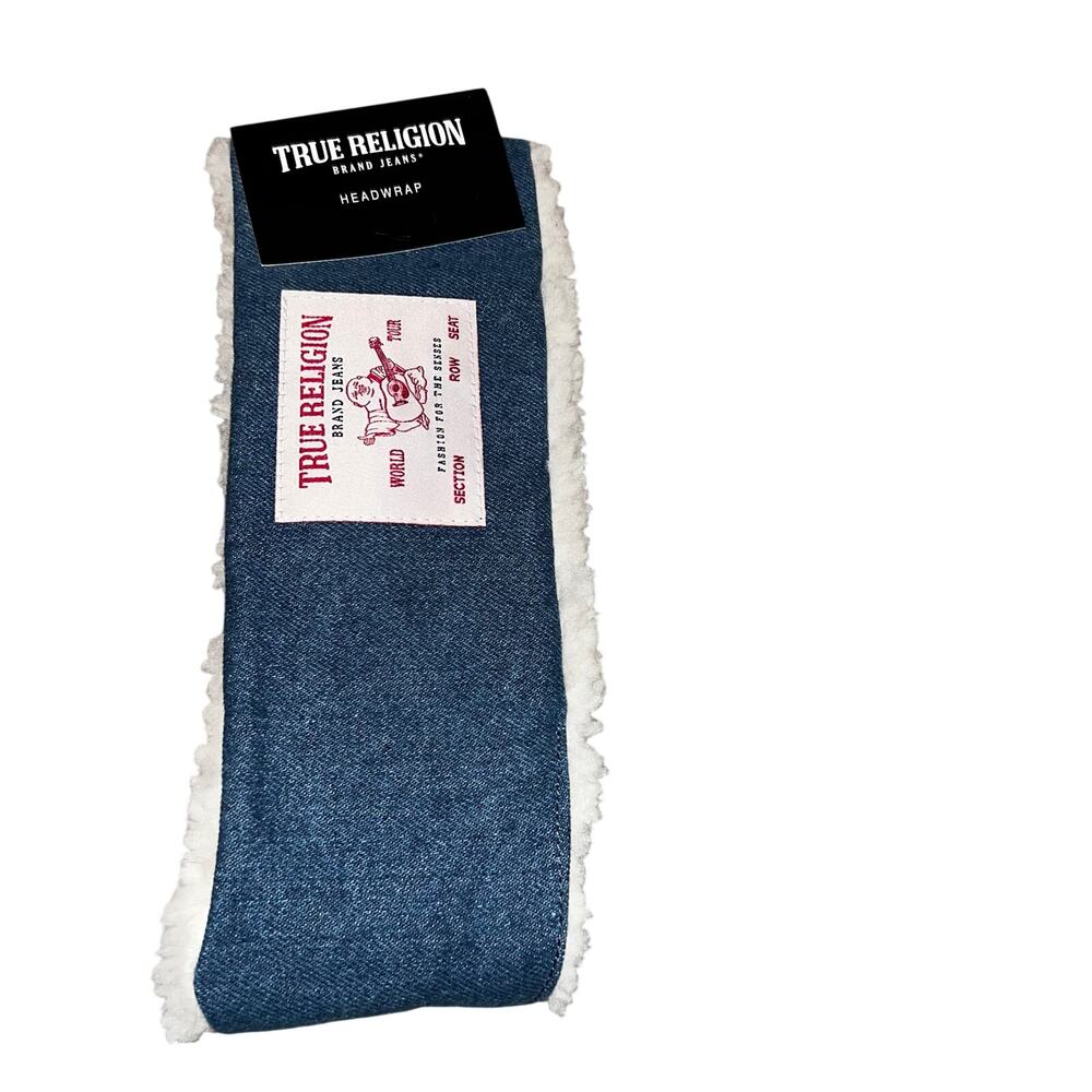 True Religion y2k dark blue jean denim head wrap sherpa lined  NEW